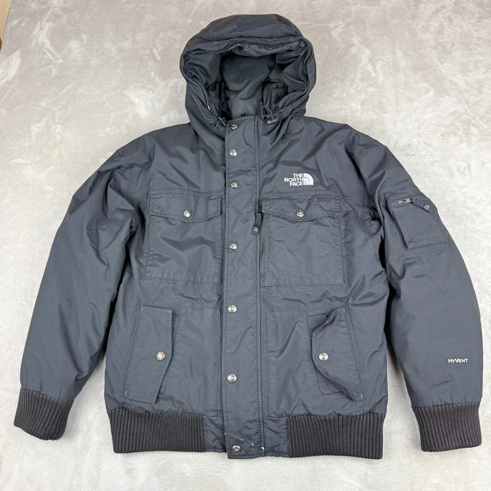 The North Face HyVent Bomber Jacket Mens Medium Black Goose Down Hooded Puffer - Picture 1 of 15